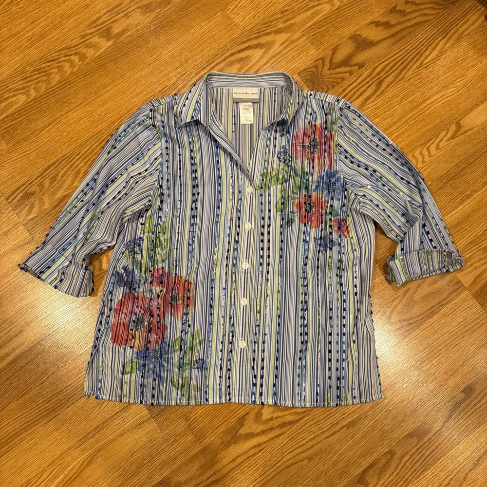 Alfred Dunner Blue, White & Green‎ Striped Floral Button Shirt sz petite small